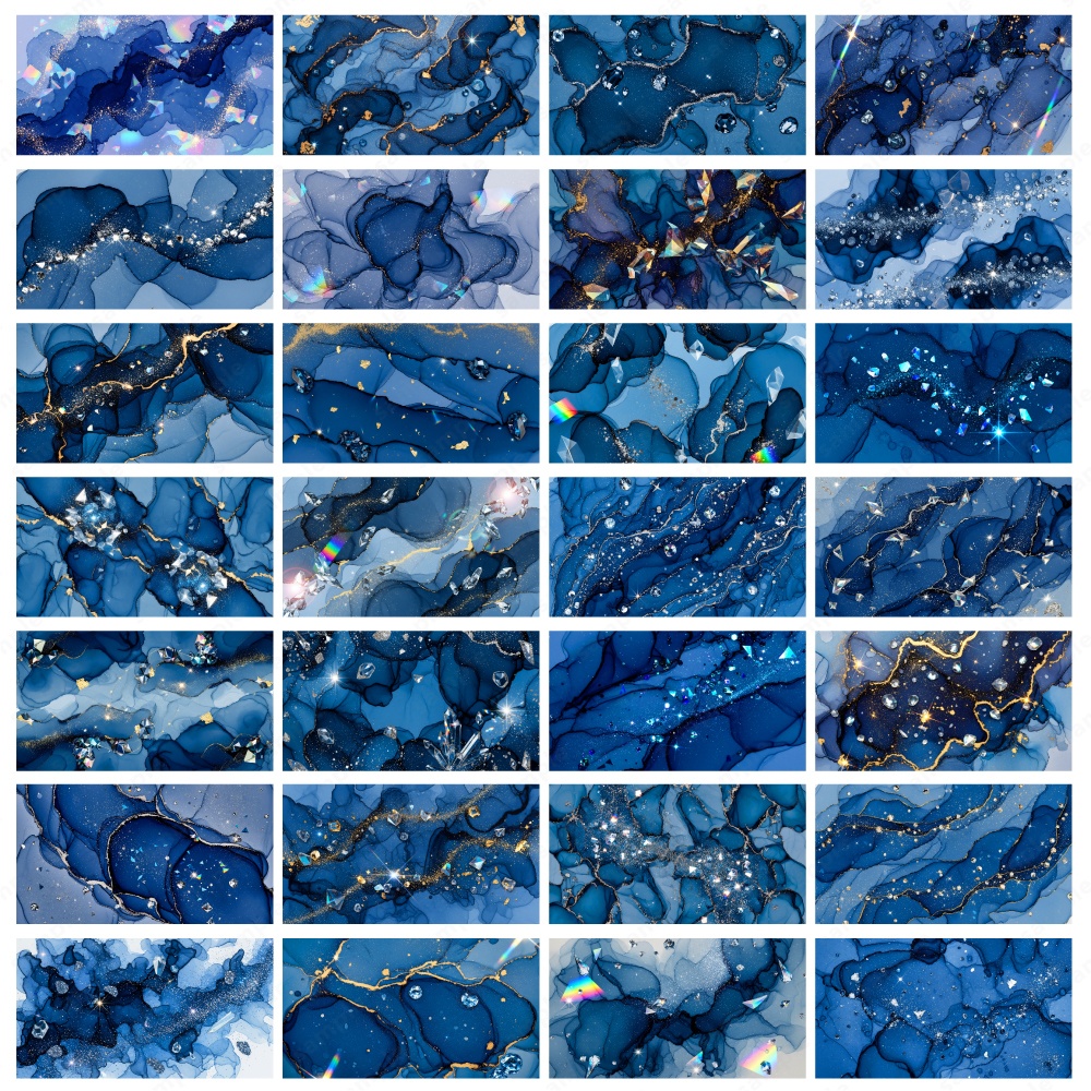 【背景素材】ディープブルーのキラキラ宝石と水彩インクのテクスチャ100枚セット