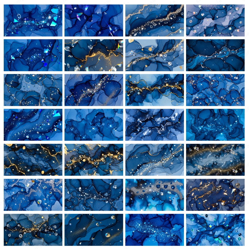 【背景素材】ディープブルーのキラキラ宝石と水彩インクのテクスチャ100枚セット