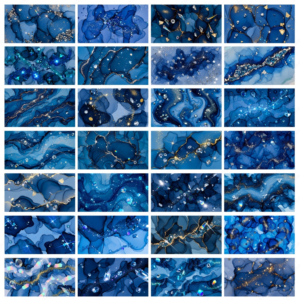 【背景素材】ディープブルーのキラキラ宝石と水彩インクのテクスチャ100枚セット