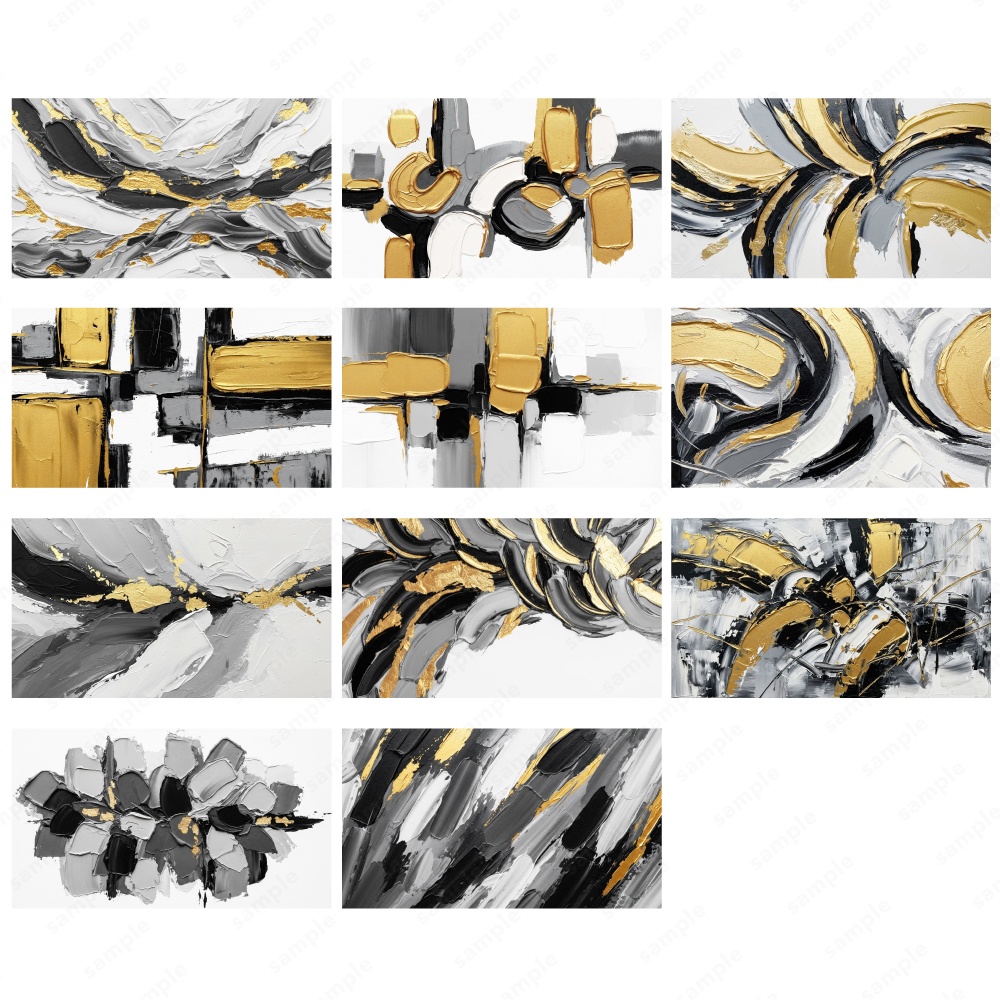 【背景素材】モノクロゴールドの油絵インクのおしゃれなアートテクスチャ50枚セット