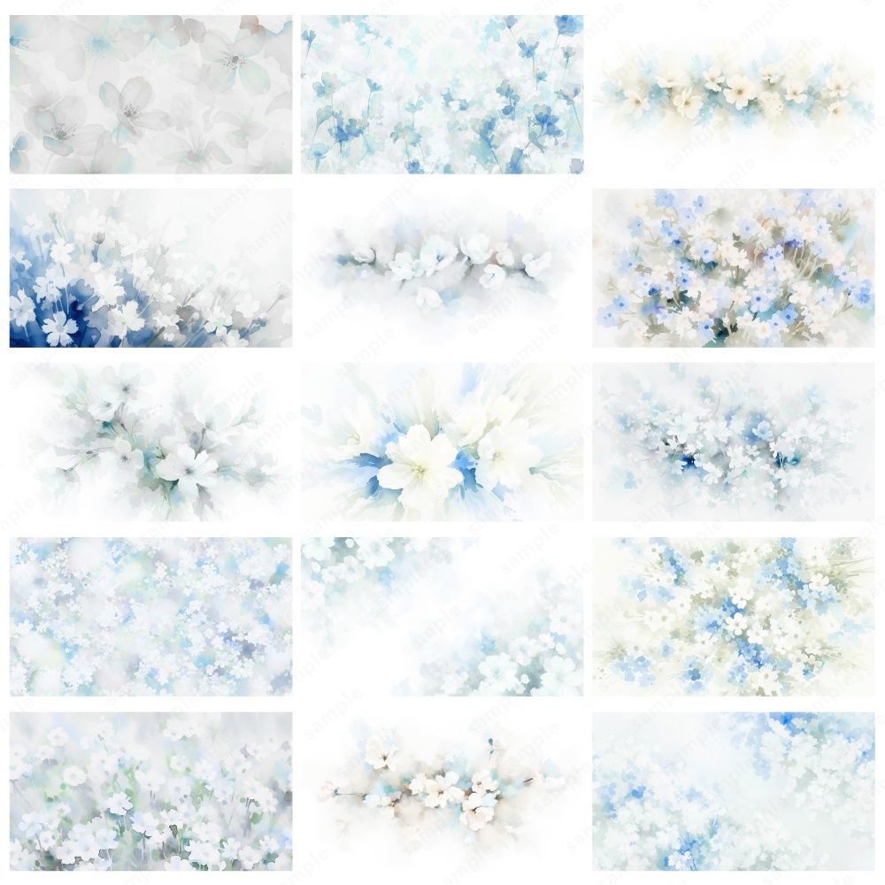 【背景素材】ブルーのふんわりニュアンスタッチの花の水彩イラスト50枚セット