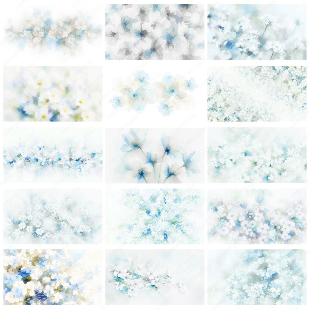 【背景素材】ブルーのふんわりニュアンスタッチの花の水彩イラスト50枚セット