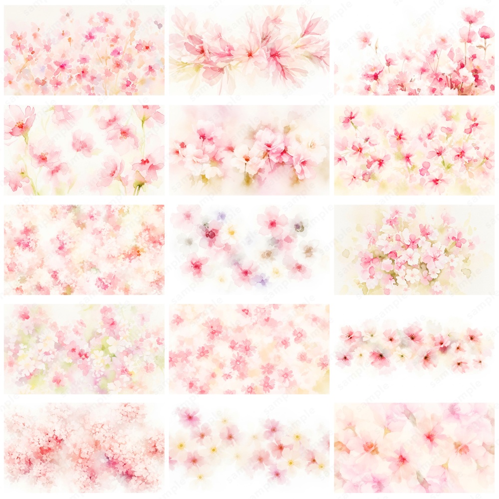 【背景素材】ピンクのふんわりニュアンスタッチの花の水彩イラスト50枚セット