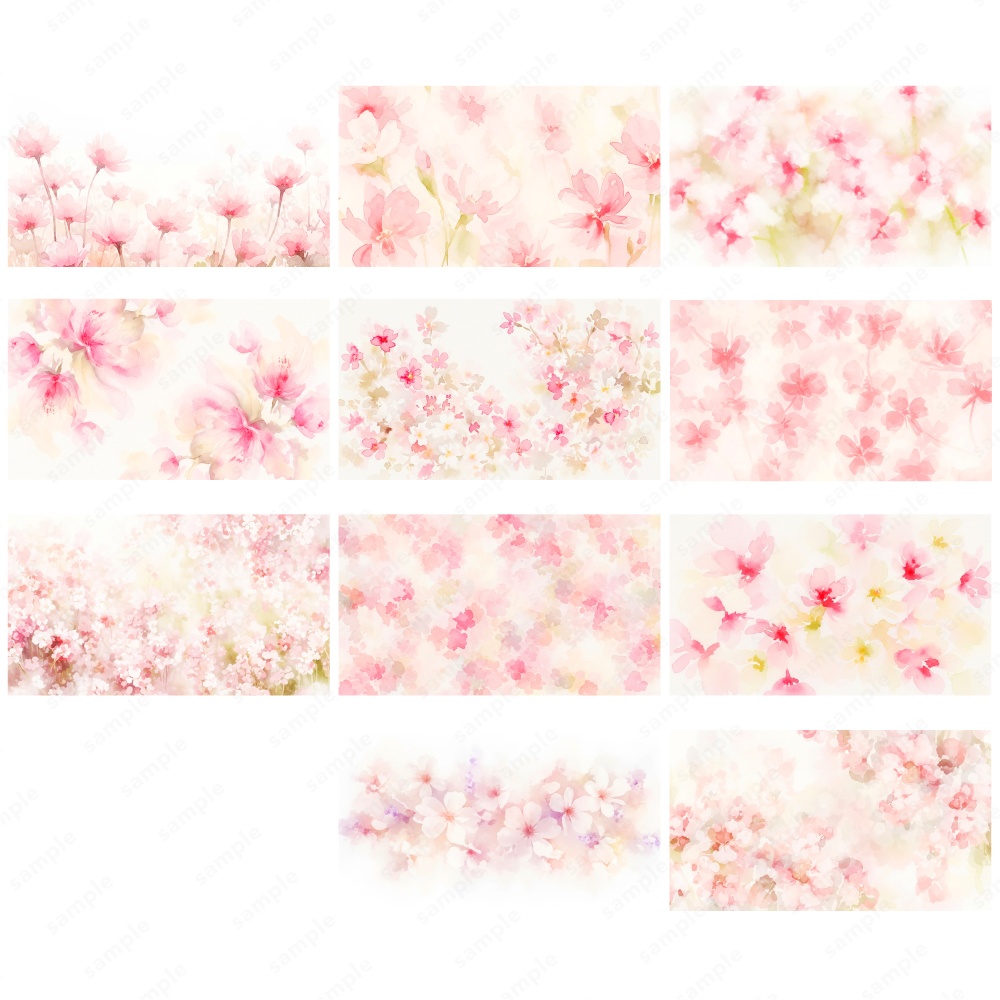 【背景素材】ピンクのふんわりニュアンスタッチの花の水彩イラスト50枚セット