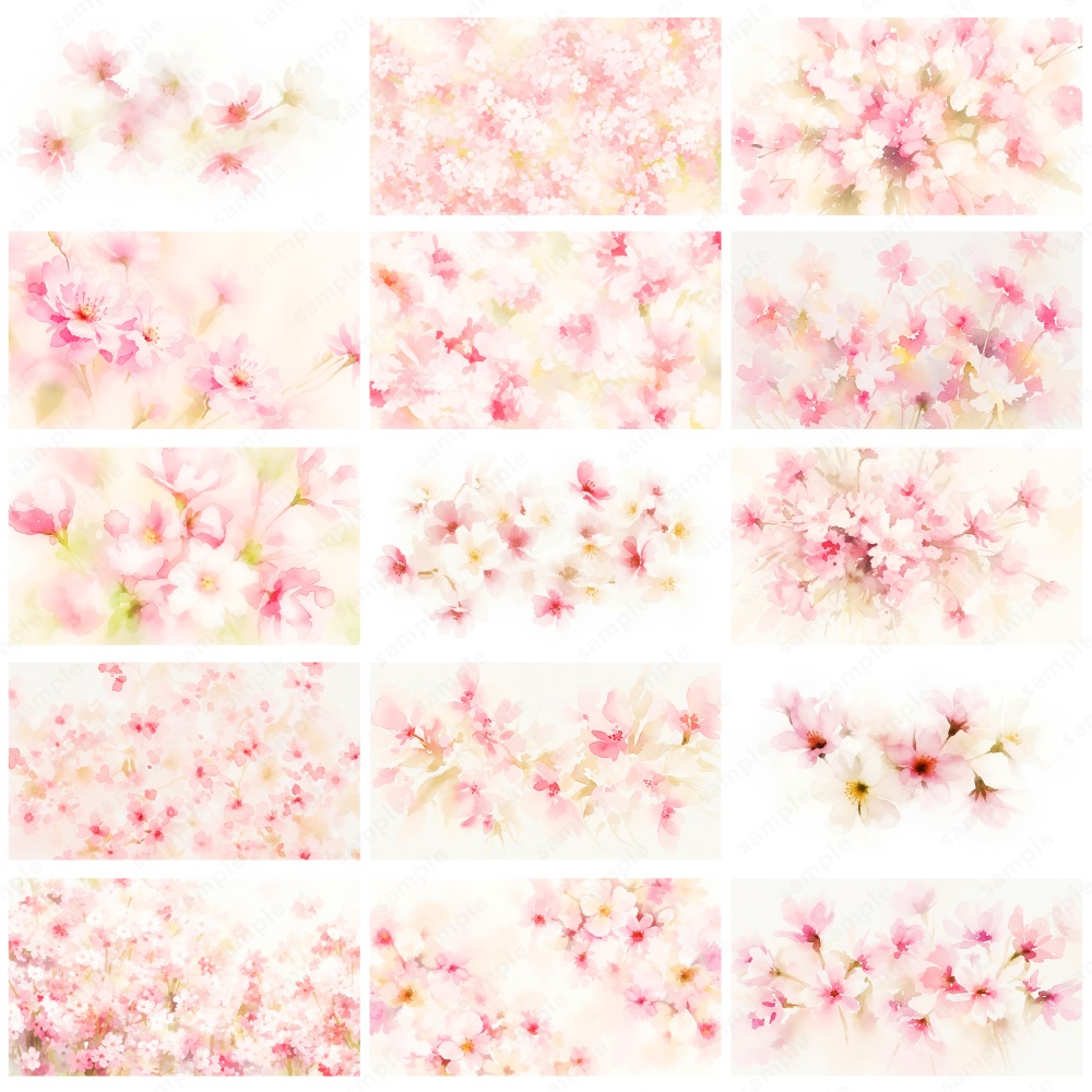 【背景素材】ピンクのふんわりニュアンスタッチの花の水彩イラスト50枚セット