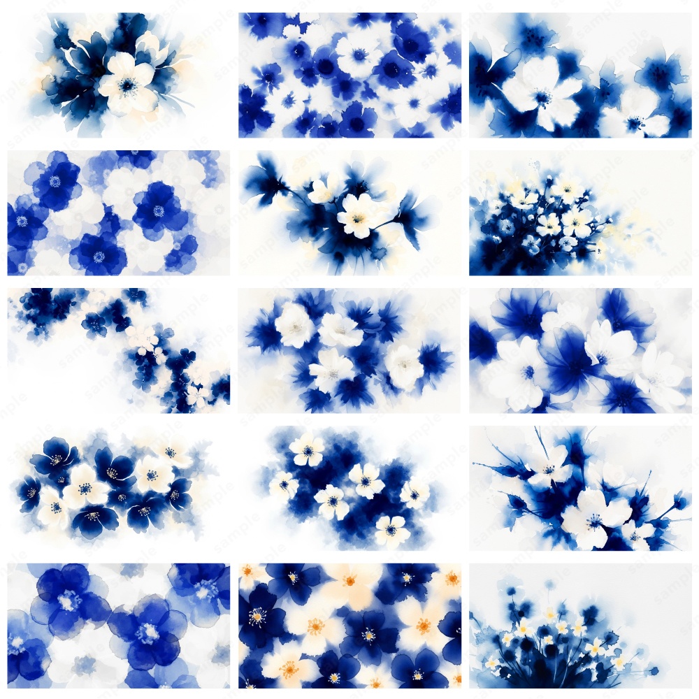 【背景素材】ディープブルーのふんわりニュアンスタッチの花の水彩イラスト50枚セット