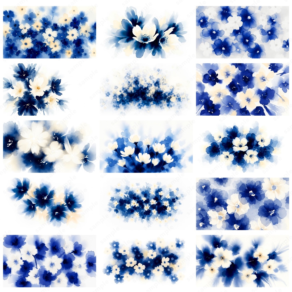 【背景素材】ディープブルーのふんわりニュアンスタッチの花の水彩イラスト50枚セット