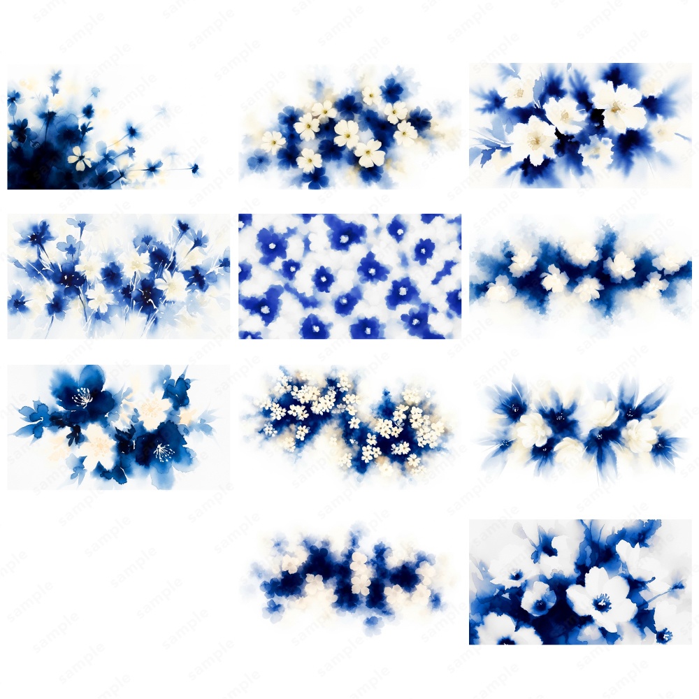 【背景素材】ディープブルーのふんわりニュアンスタッチの花の水彩イラスト50枚セット