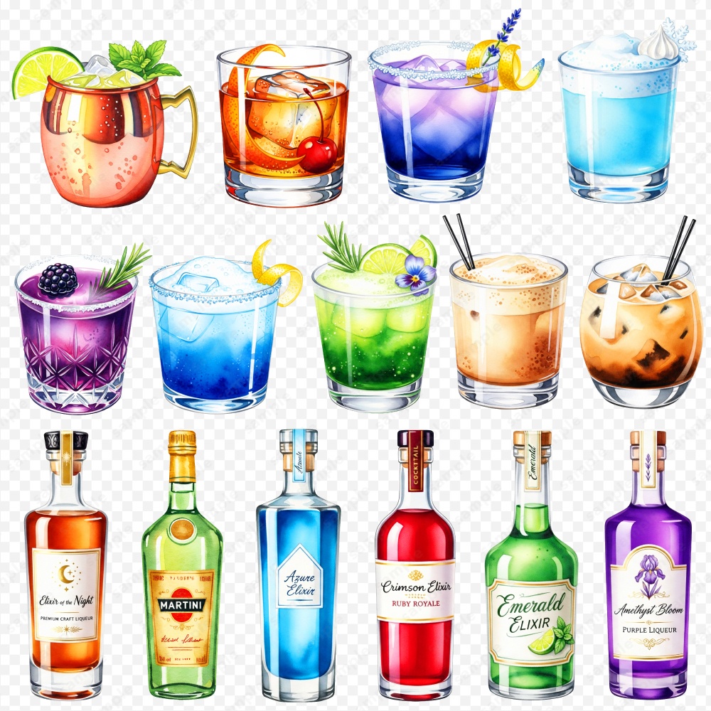 【透過素材】お酒やカクテルの色々な水彩風のイラスト / PNG素材100点セット