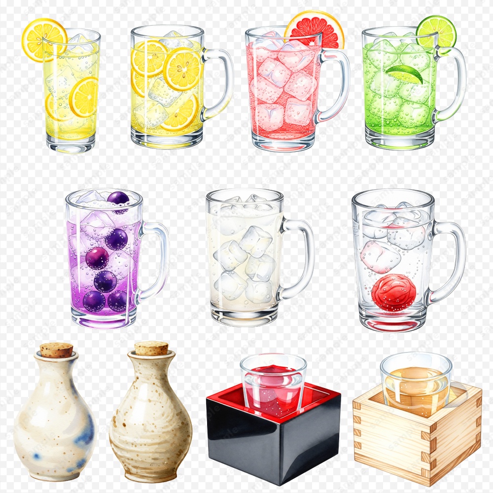 【透過素材】お酒やカクテルの色々な水彩風のイラスト / PNG素材100点セット