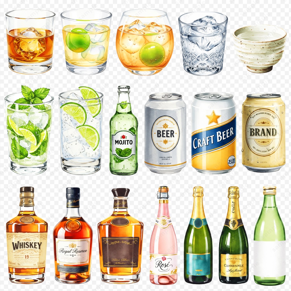 【透過素材】お酒やカクテルの色々な水彩風のイラスト / PNG素材100点セット