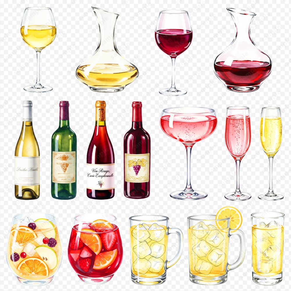 【透過素材】お酒やカクテルの色々な水彩風のイラスト / PNG素材100点セット