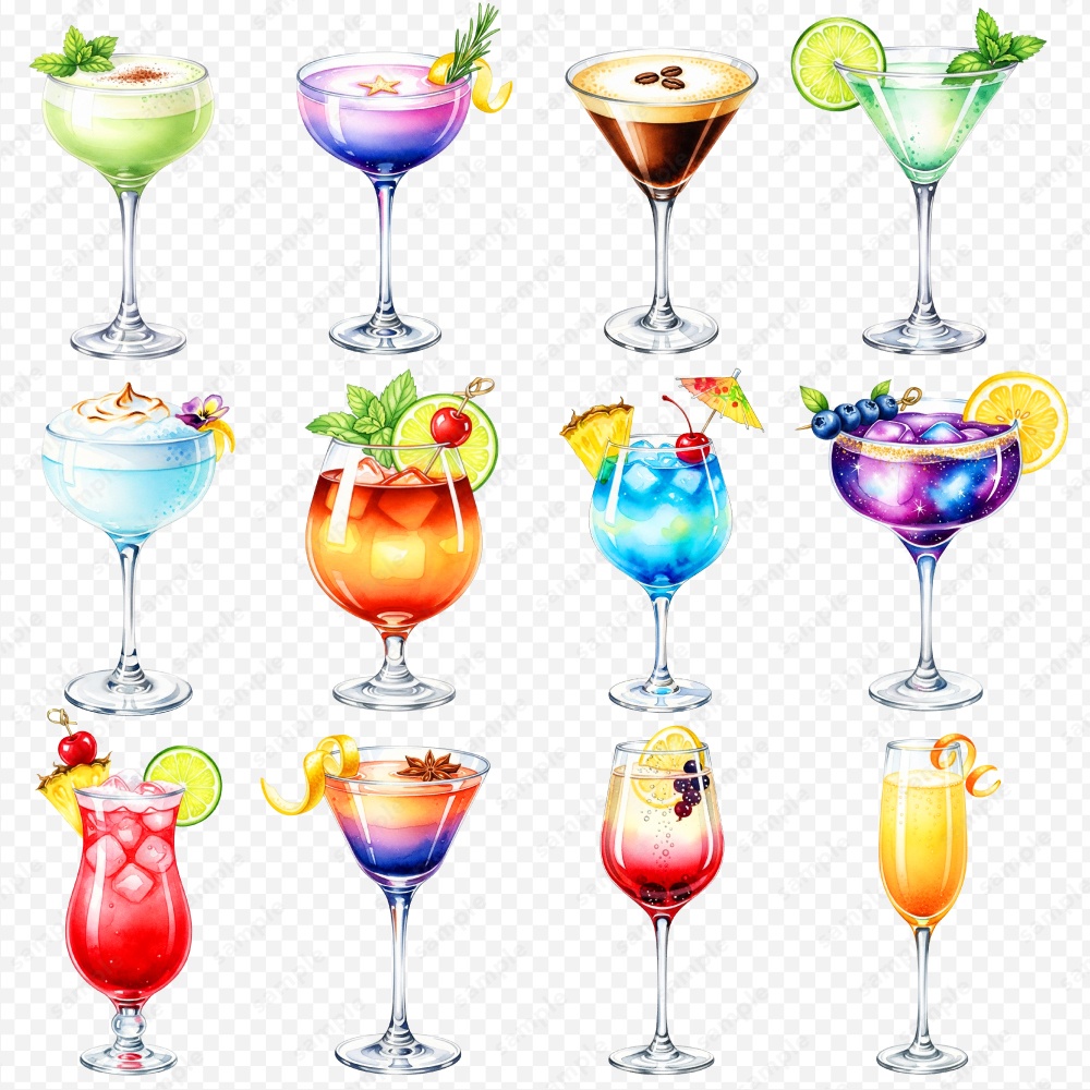 【透過素材】お酒やカクテルの色々な水彩風のイラスト / PNG素材100点セット