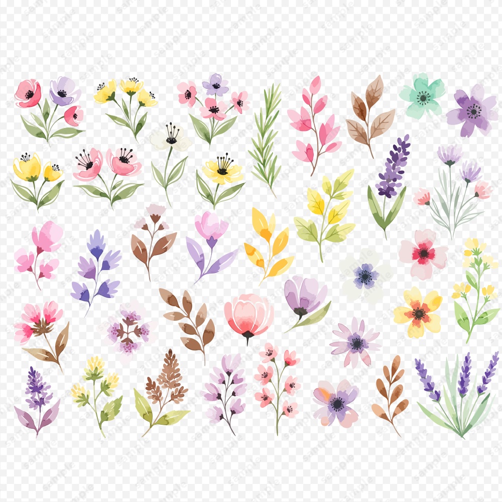 【透過素材】春の季節の草花の水彩イラスト素材 / 約150パターン