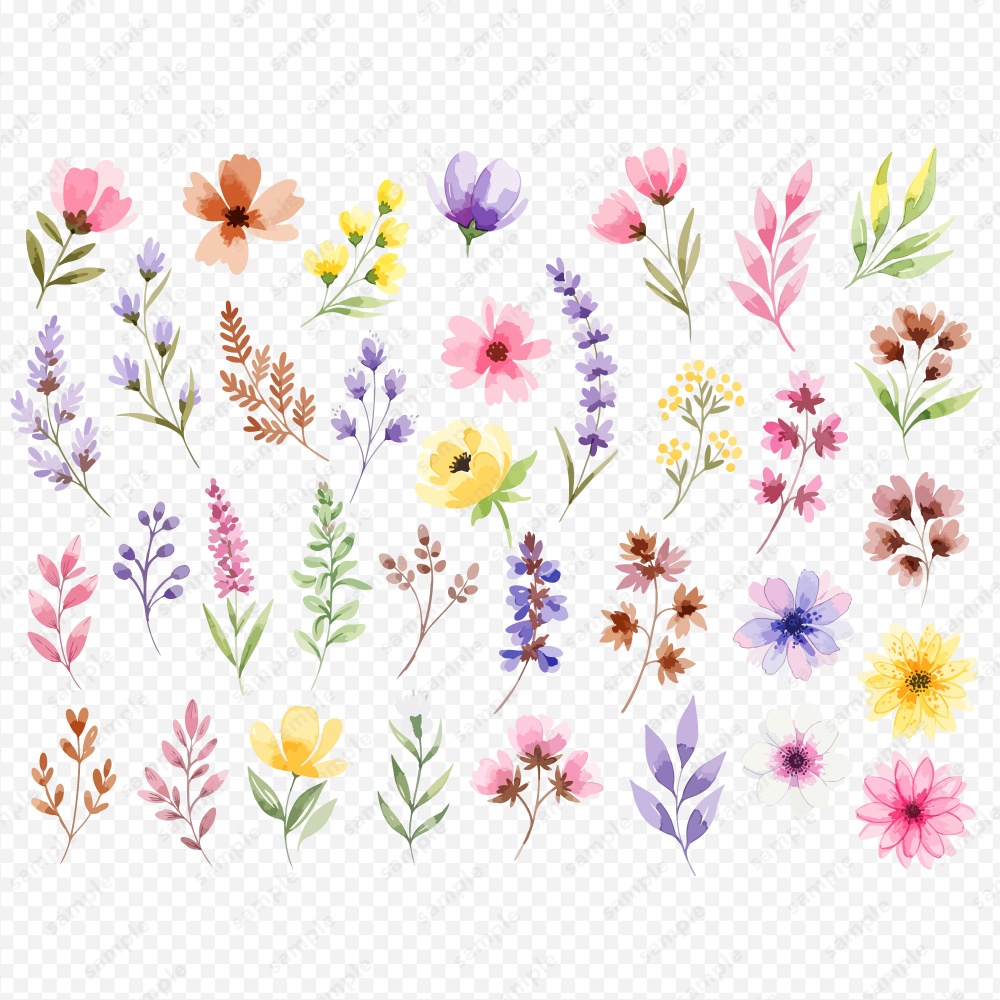 【透過素材】春の季節の草花の水彩イラスト素材 / 約150パターン