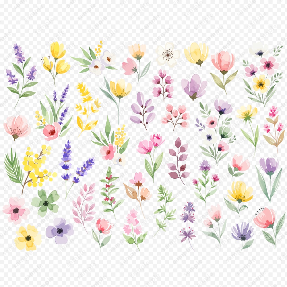 【透過素材】春の季節の草花の水彩イラスト素材 / 約150パターン