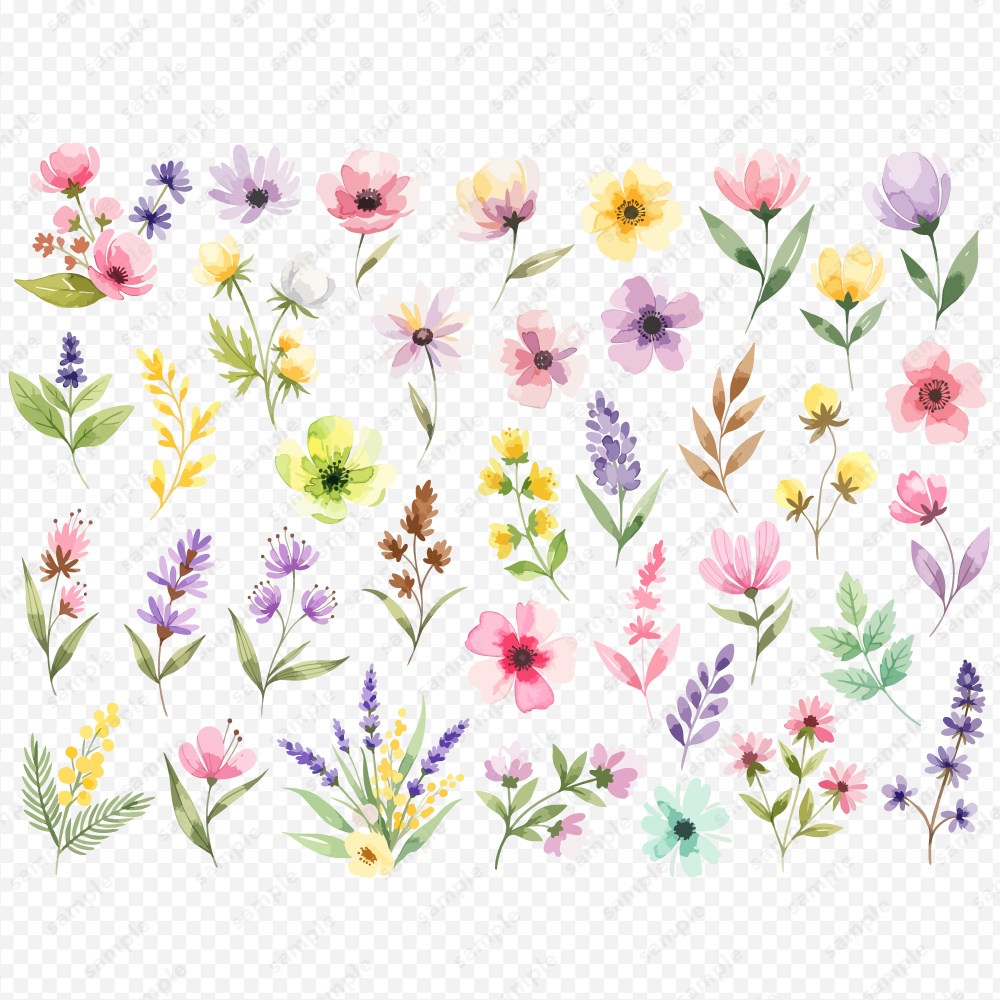 【透過素材】春の季節の草花の水彩イラスト素材 / 約150パターン