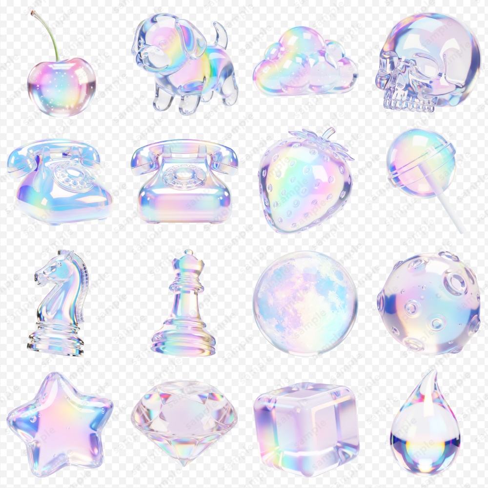 【透過素材】ぷっくり透明感のホログラム風3Dシンボル / PNG素材100点セット