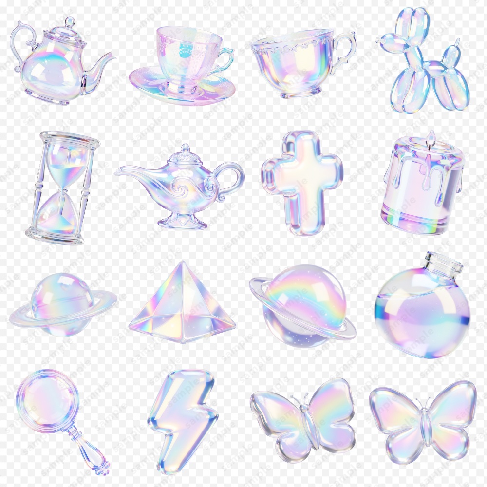 【透過素材】ぷっくり透明感のホログラム風3Dシンボル / PNG素材100点セット