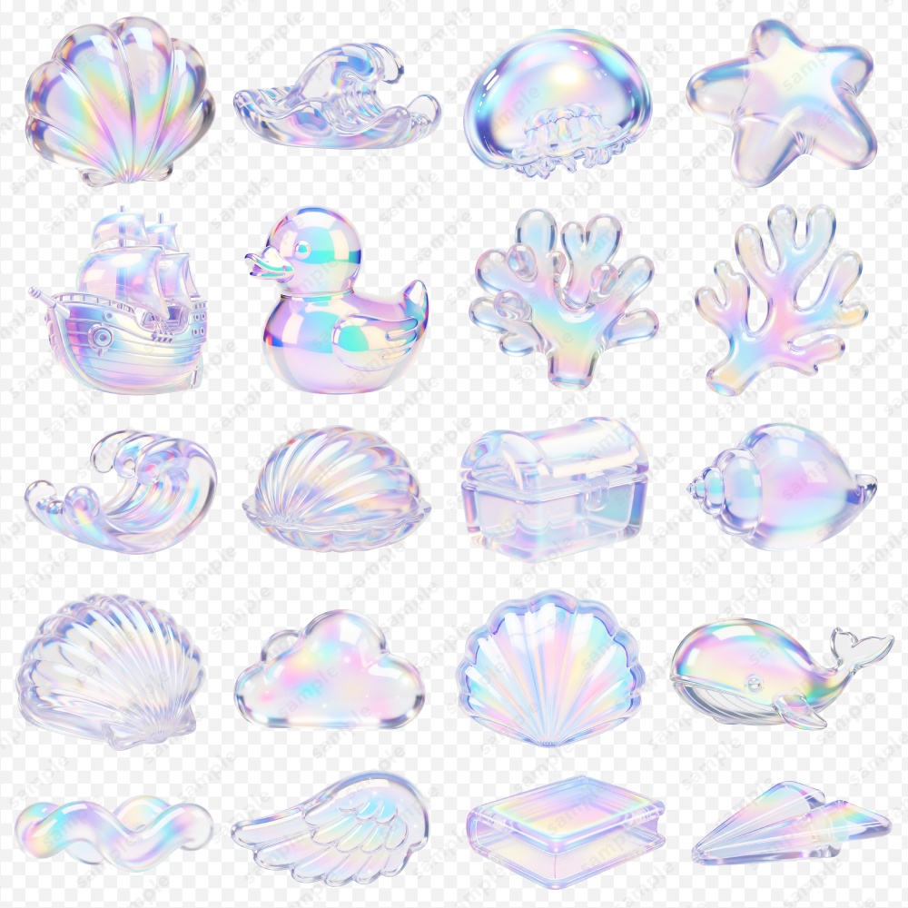 【透過素材】ぷっくり透明感のホログラム風3Dシンボル / PNG素材100点セット