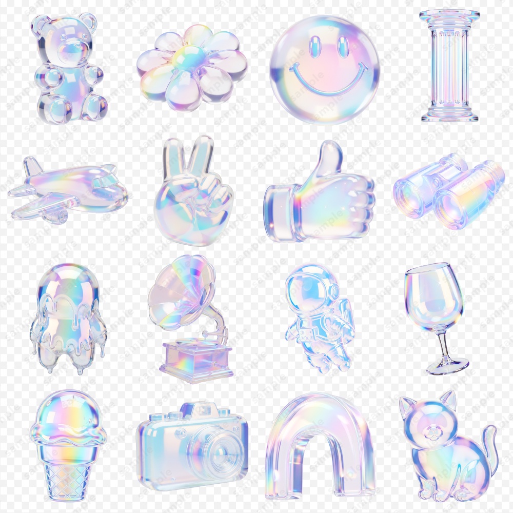 【透過素材】ぷっくり透明感のホログラム風3Dシンボル / PNG素材100点セット