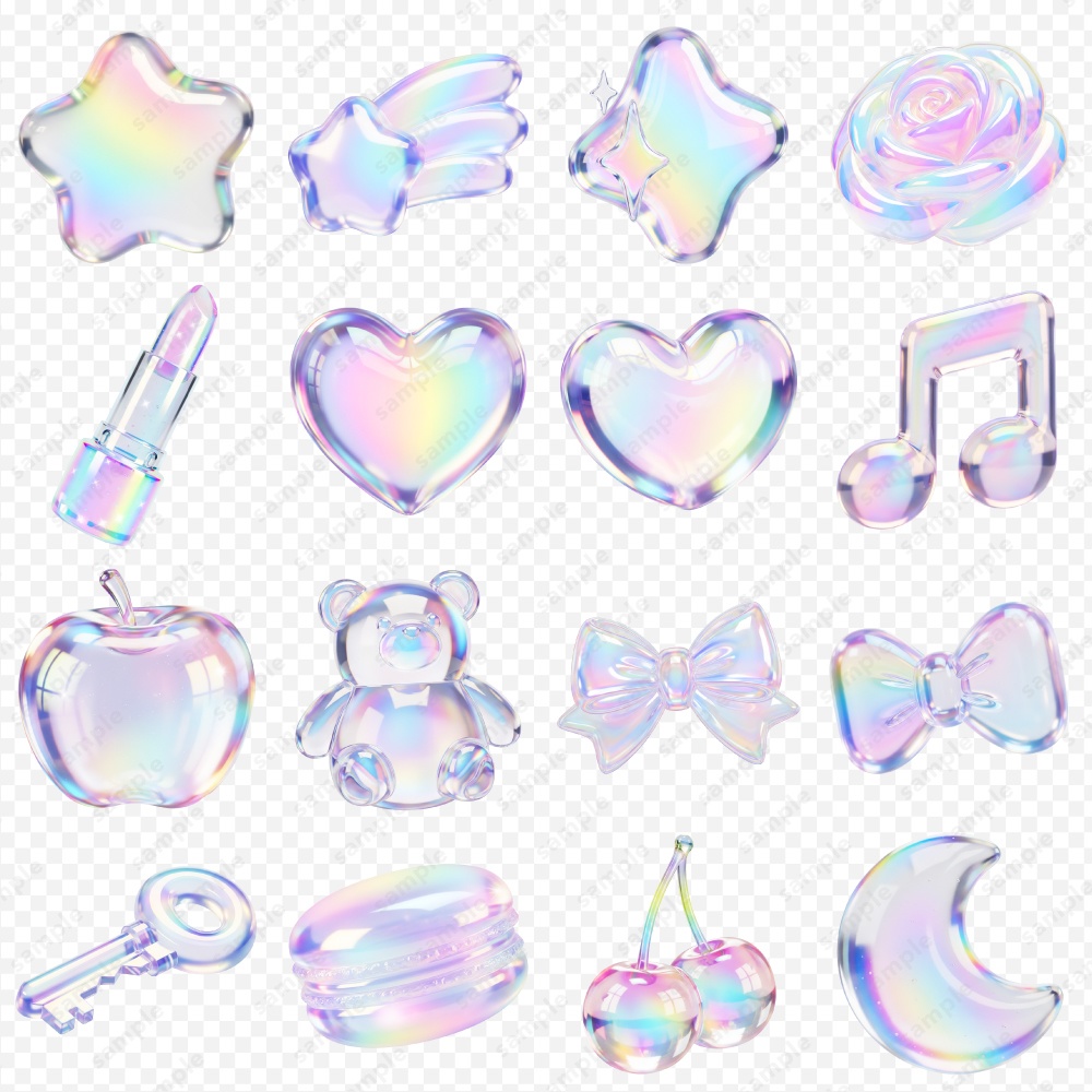 【透過素材】ぷっくり透明感のホログラム風3Dシンボル / PNG素材100点セット