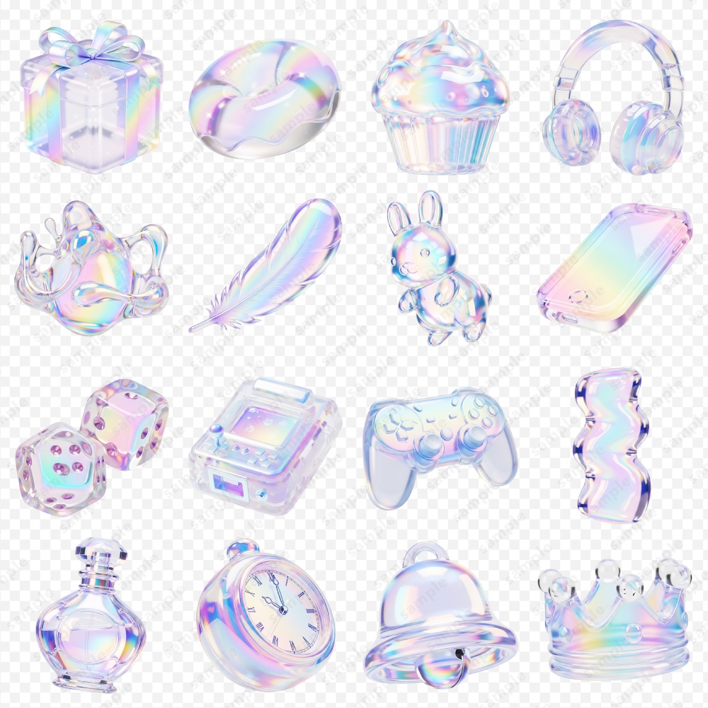【透過素材】ぷっくり透明感のホログラム風3Dシンボル / PNG素材100点セット