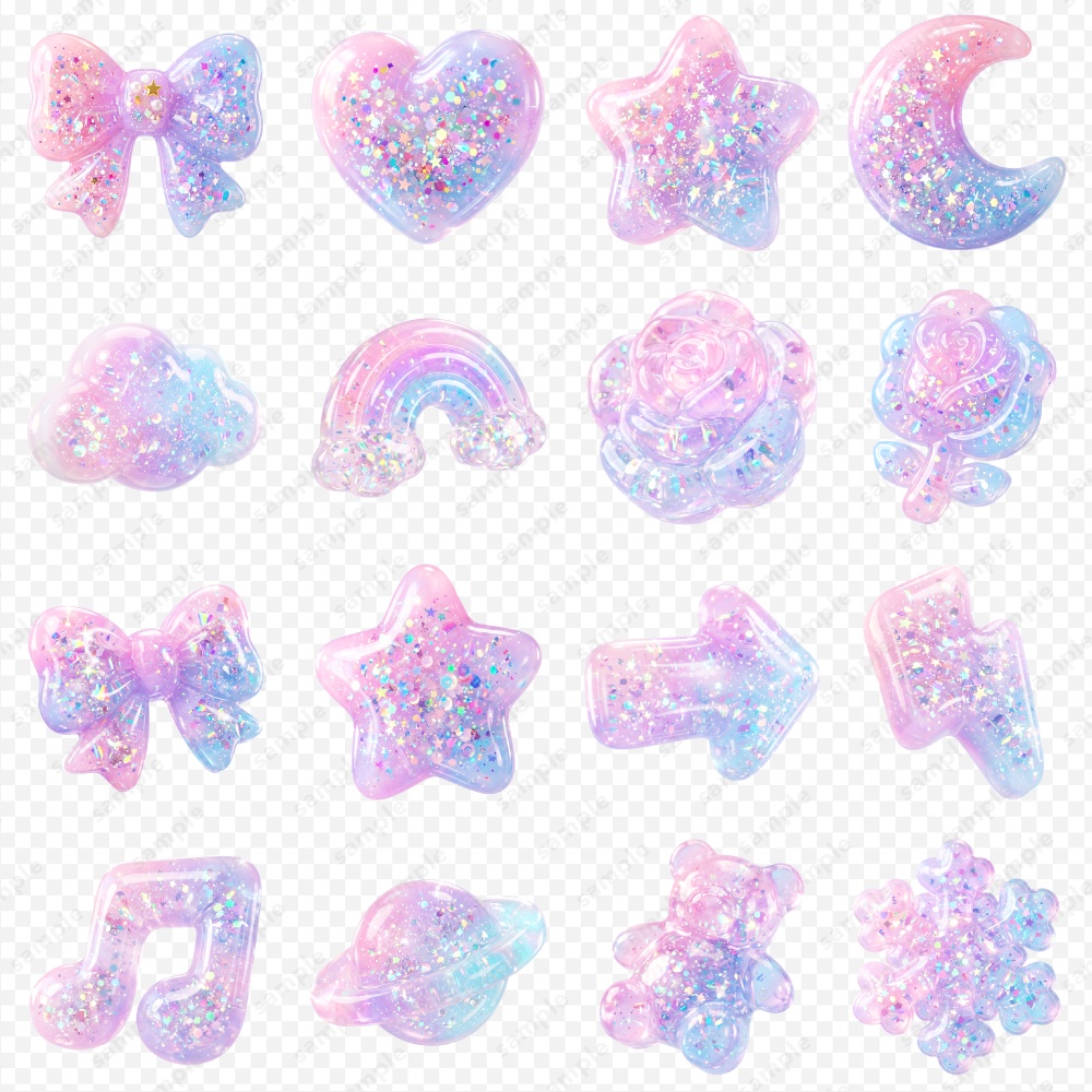 【透過素材】うるツヤたっぷりグリッター3Dシンボル / PNG素材100点セット