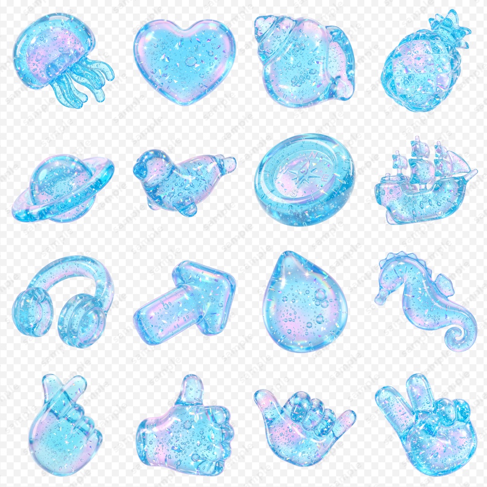 【透過素材】ぷるんと透明感アクアジェリー3Dシンボル / PNG素材100点セット