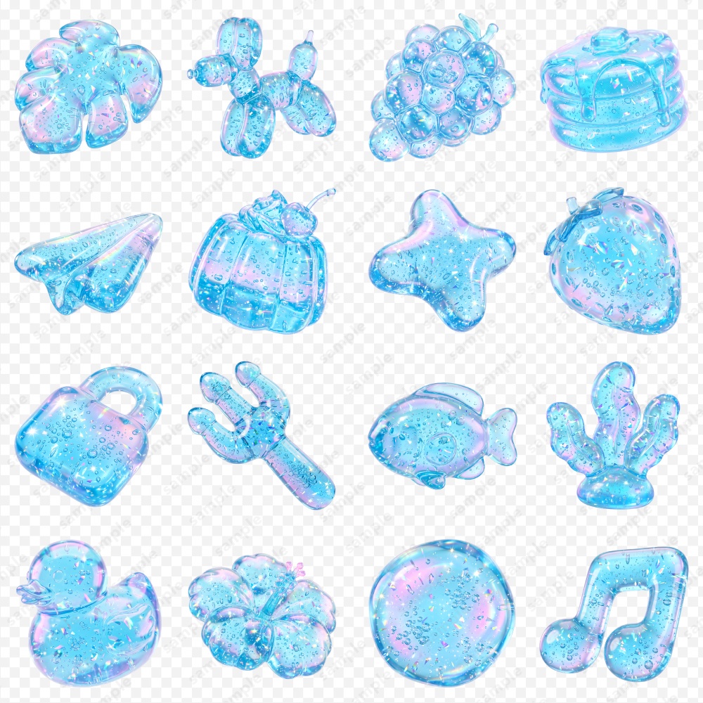 【透過素材】ぷるんと透明感アクアジェリー3Dシンボル / PNG素材100点セット