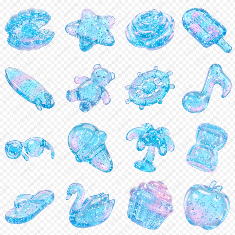 【透過素材】ぷるんと透明感アクアジェリー3Dシンボル / PNG素材100点セット
