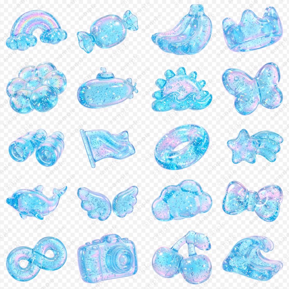 【透過素材】ぷるんと透明感アクアジェリー3Dシンボル / PNG素材100点セット