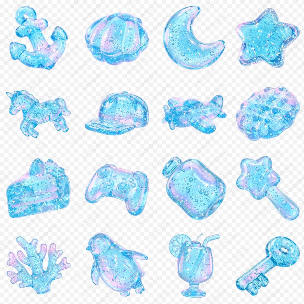 【透過素材】ぷるんと透明感アクアジェリー3Dシンボル / PNG素材100点セット