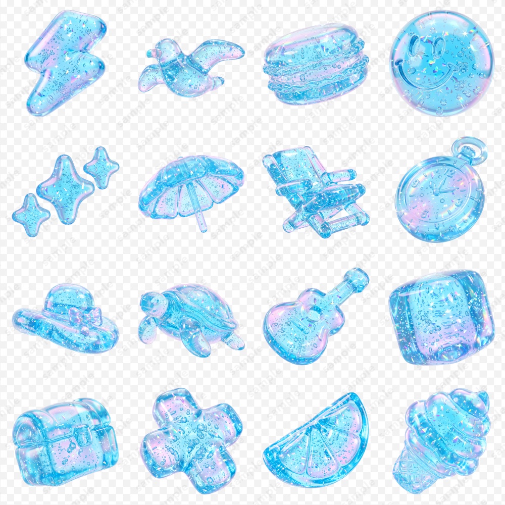 【透過素材】ぷるんと透明感アクアジェリー3Dシンボル / PNG素材100点セット
