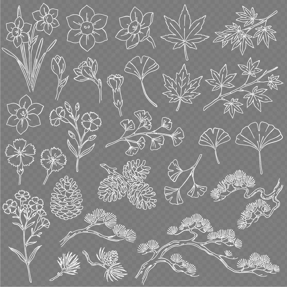 【透過素材】日本の四季を彩る花草ラインアート | 秋冬 | 約240パターン