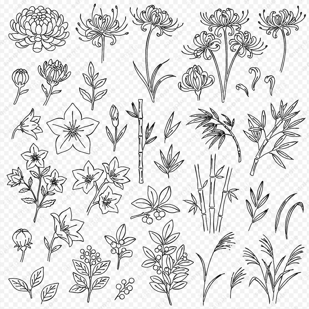【透過素材】日本の四季を彩る花草ラインアート | 秋冬 | 約240パターン