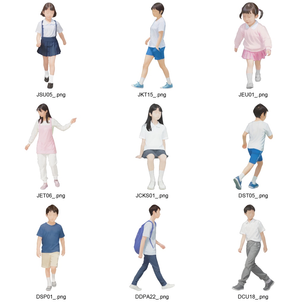 ●お試し無料サンプル! 建築CGパース用人物添景 イラスト素材セット　　9カット