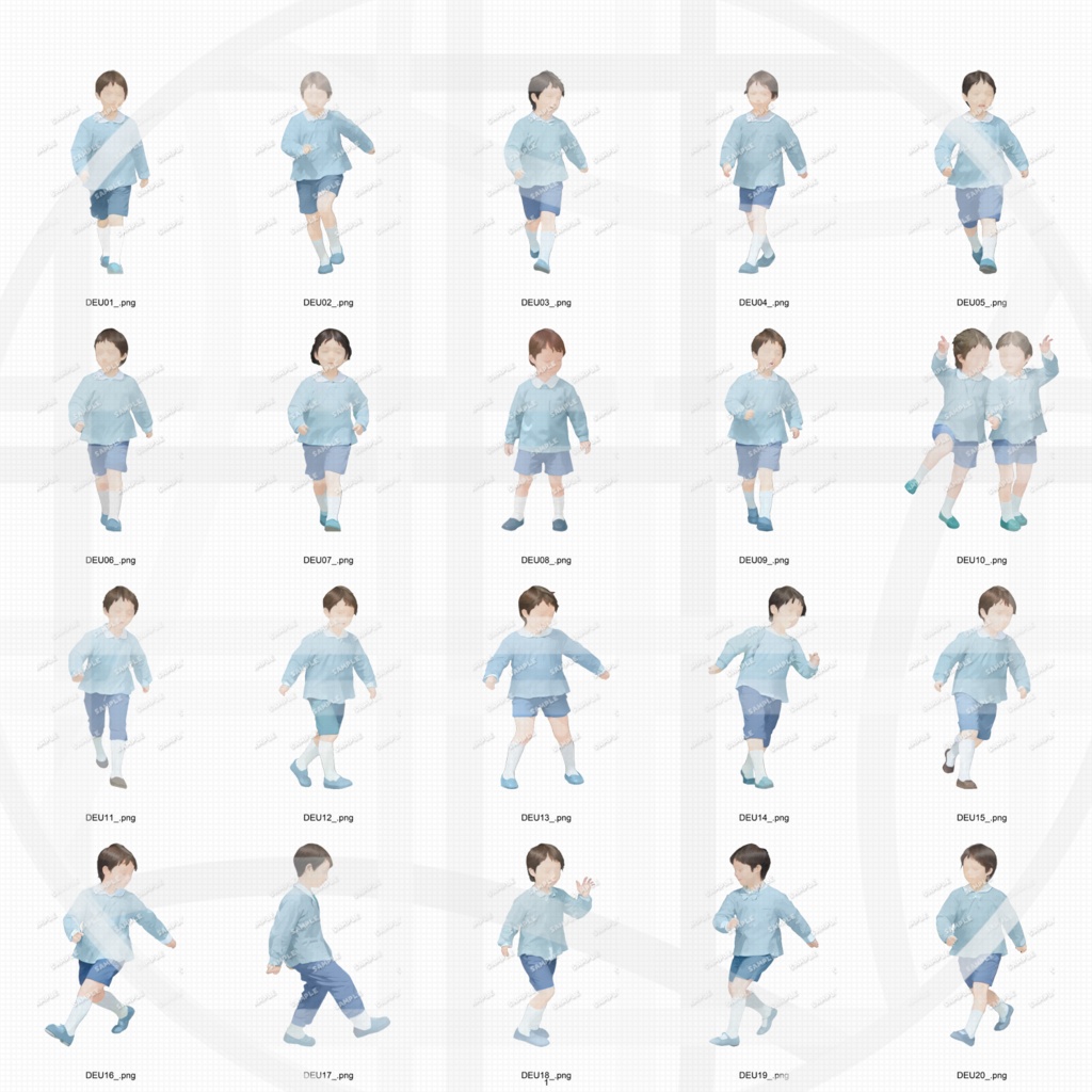 幼稚園・保育園・こども園 園児スモック 建築CGパース用人物添景 イラスト素材セット 60カット