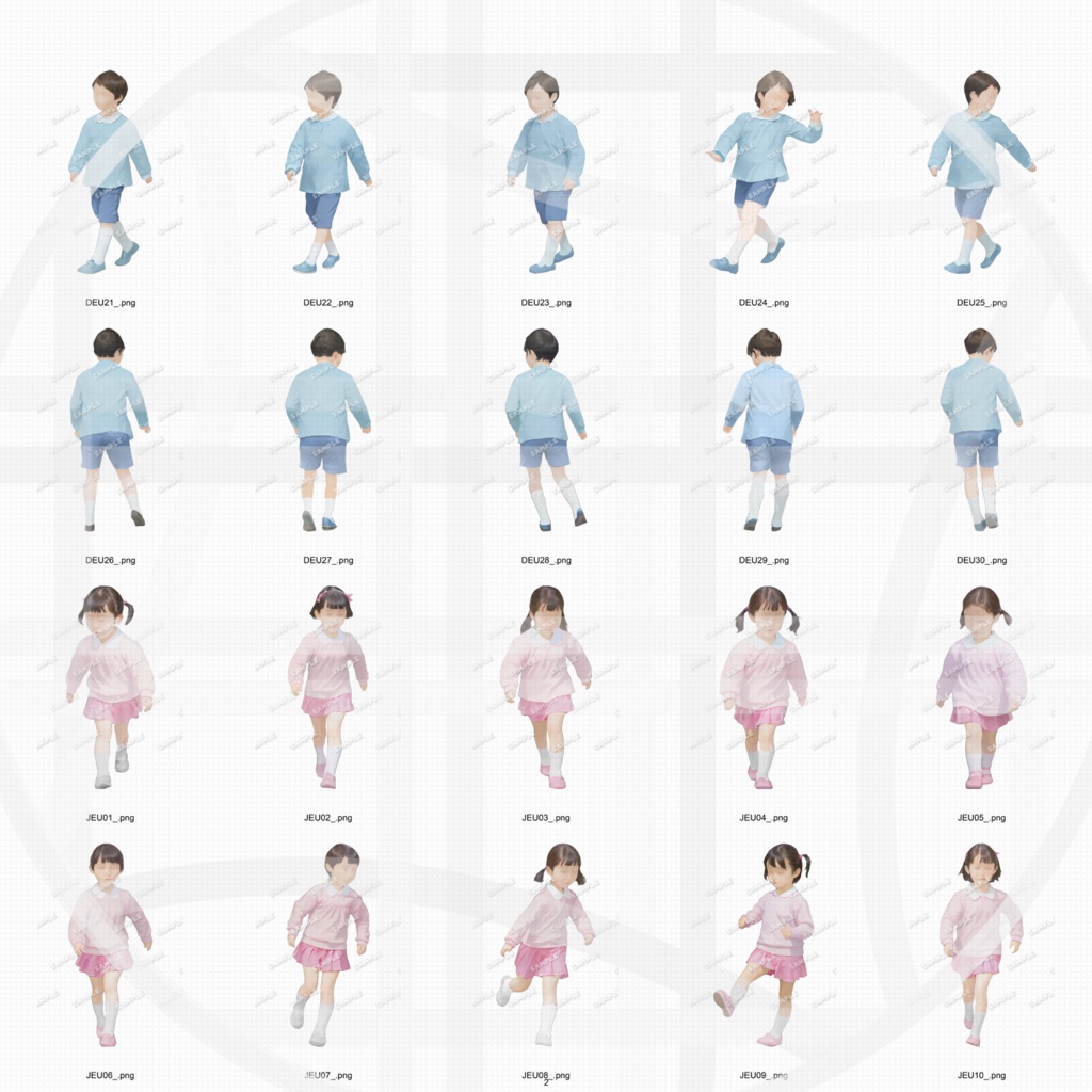 幼稚園・保育園・こども園 園児スモック 建築CGパース用人物添景 イラスト素材セット 60カット