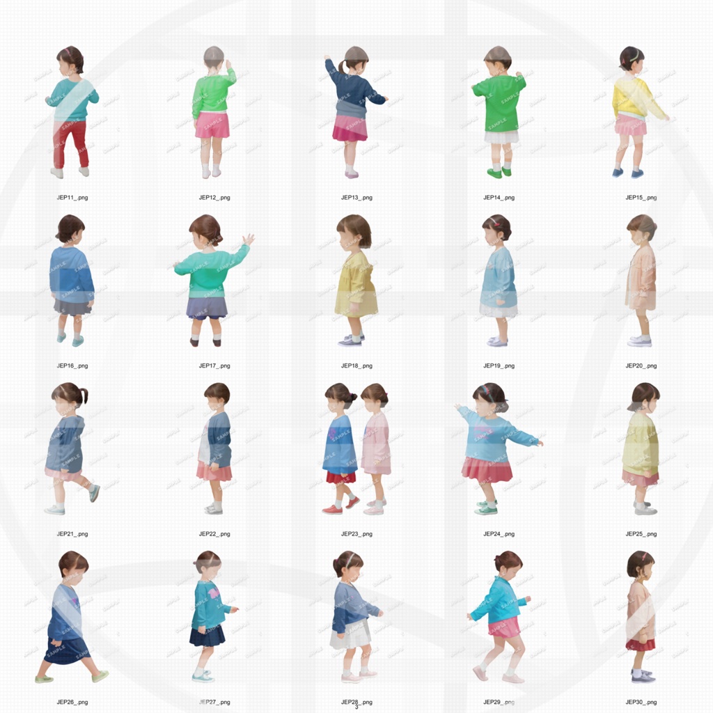 幼稚園・保育園・こども園 園児私服 建築CGパース用人物添景 イラスト素材セット 60カット