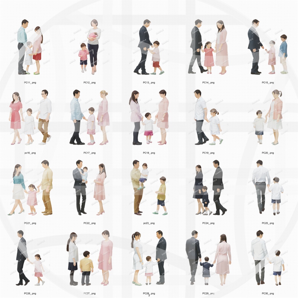 親子 建築CGパース用人物添景 イラスト素材セット 60カット