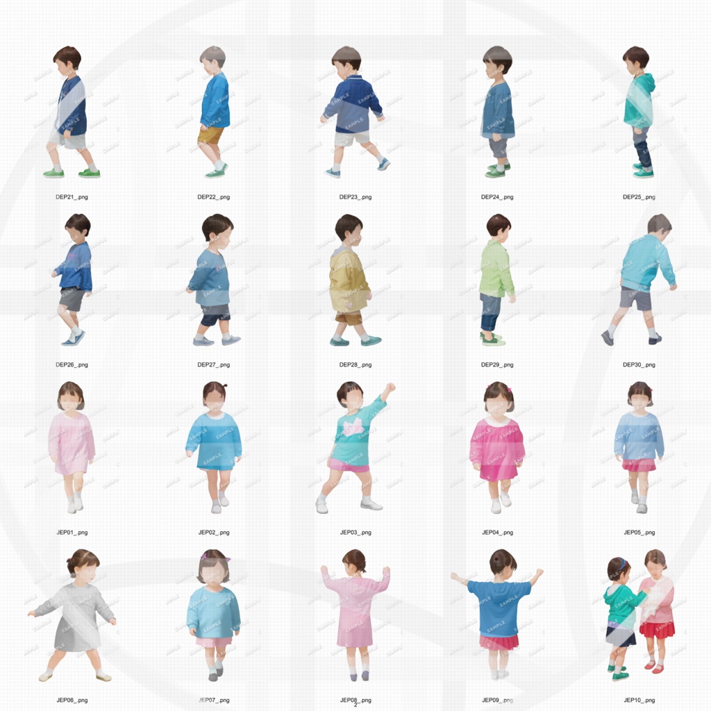 ●幼稚園・保育園・こども園 建築CGパース用人物添景 イラスト素材セット 240カット