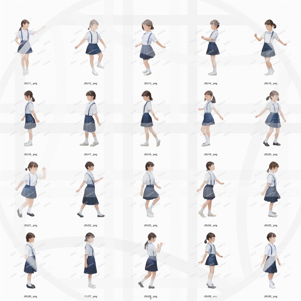 小学生制服 建築CGパース用人物添景 イラスト素材セット　　60カット