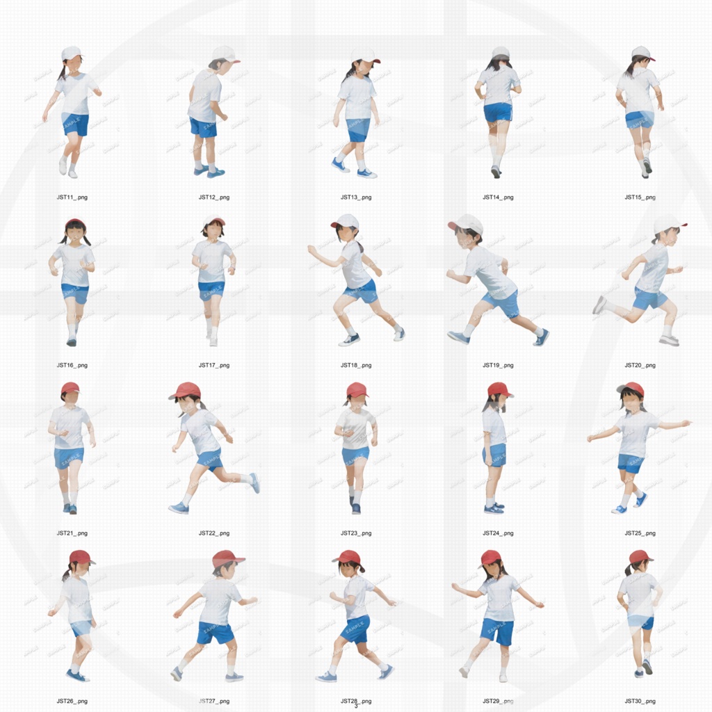 小学生体操服 建築CGパース用人物添景 イラスト素材セット　　60カット