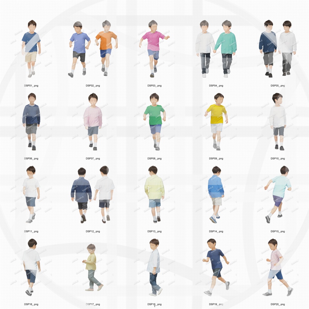 小学生私服 建築CGパース用人物添景 イラスト素材セット 60カット
