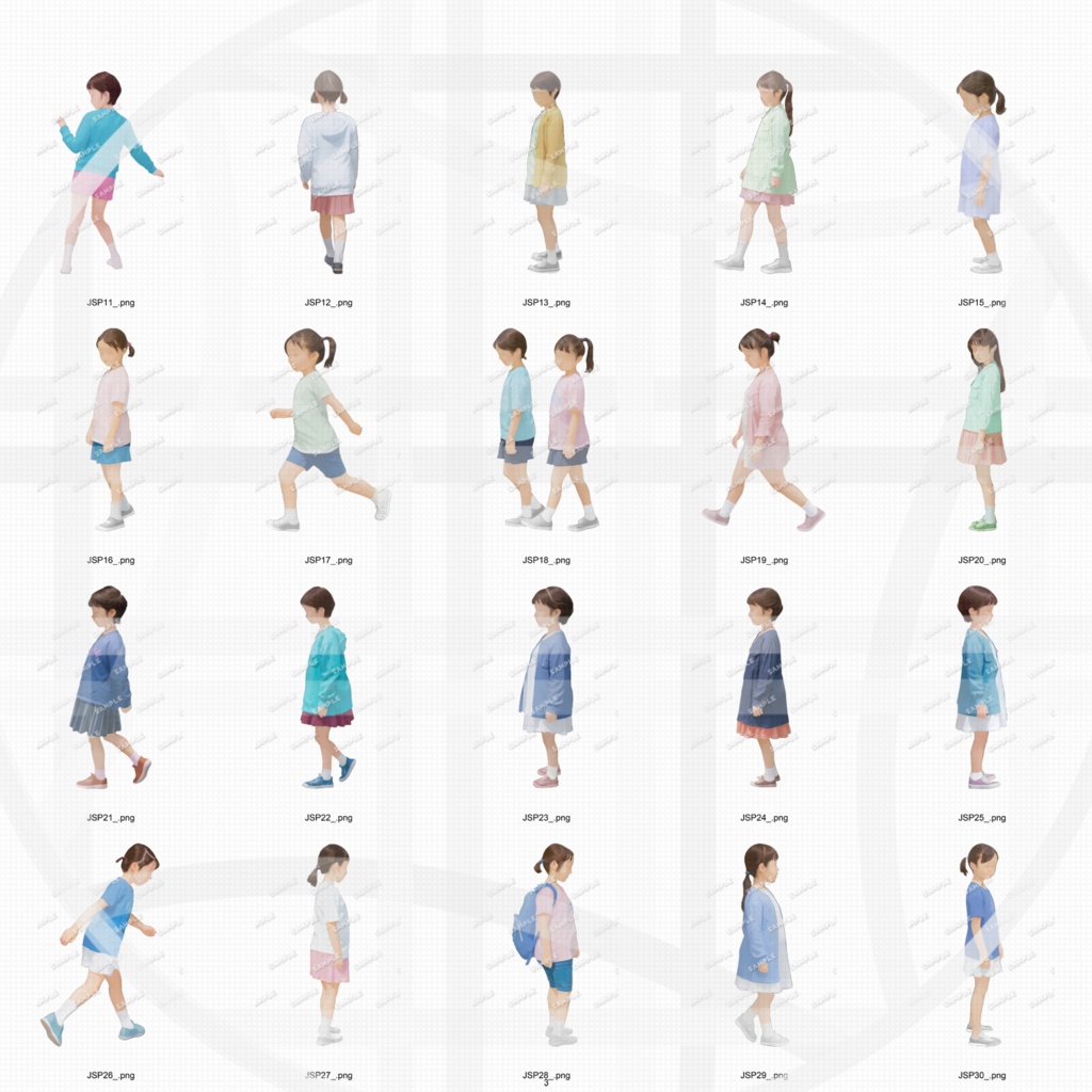 小学生私服 建築CGパース用人物添景 イラスト素材セット　　60カット