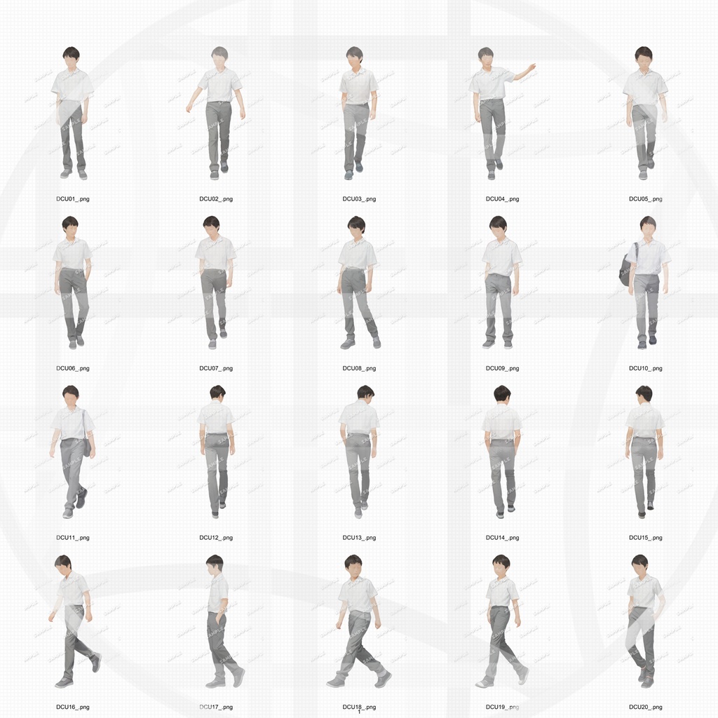 中学生制服 建築CGパース用人物添景 イラスト素材セット 60カット