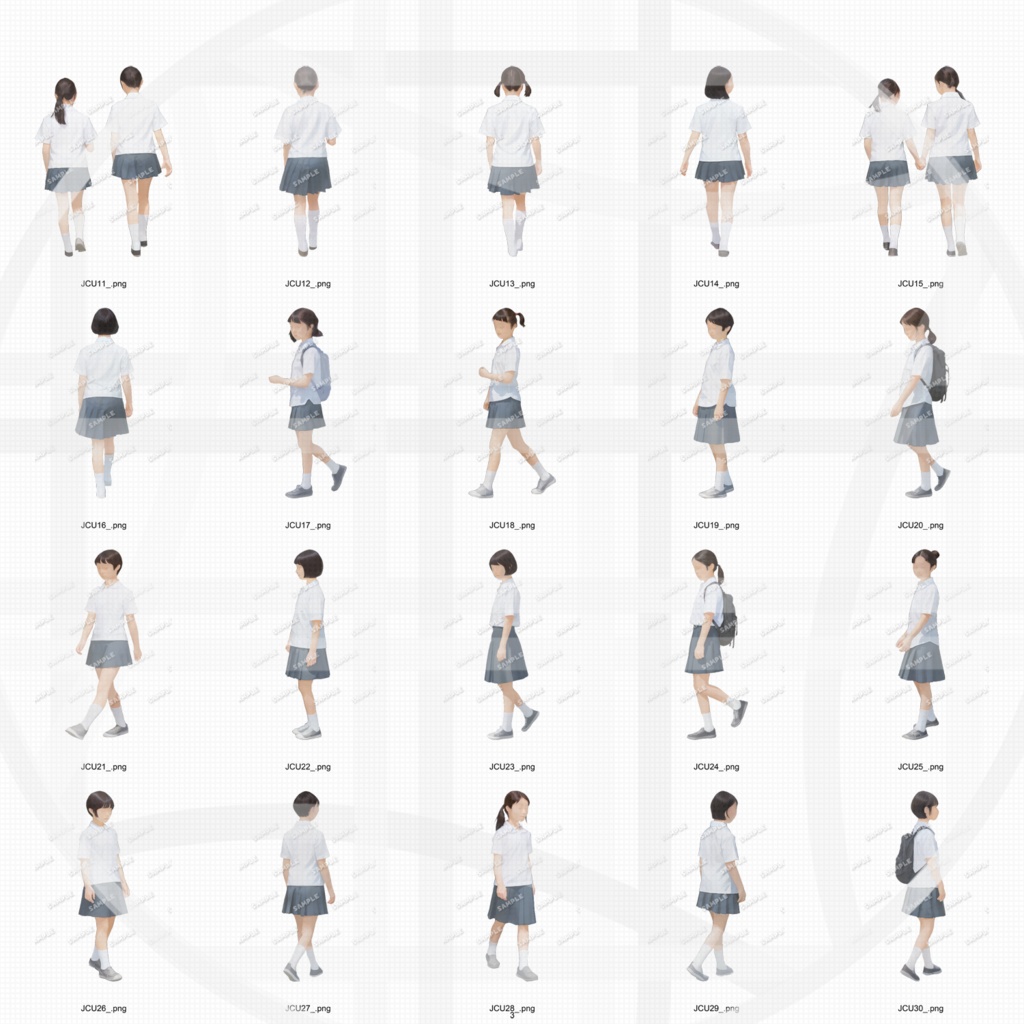 中学生制服 建築CGパース用人物添景 イラスト素材セット 60カット