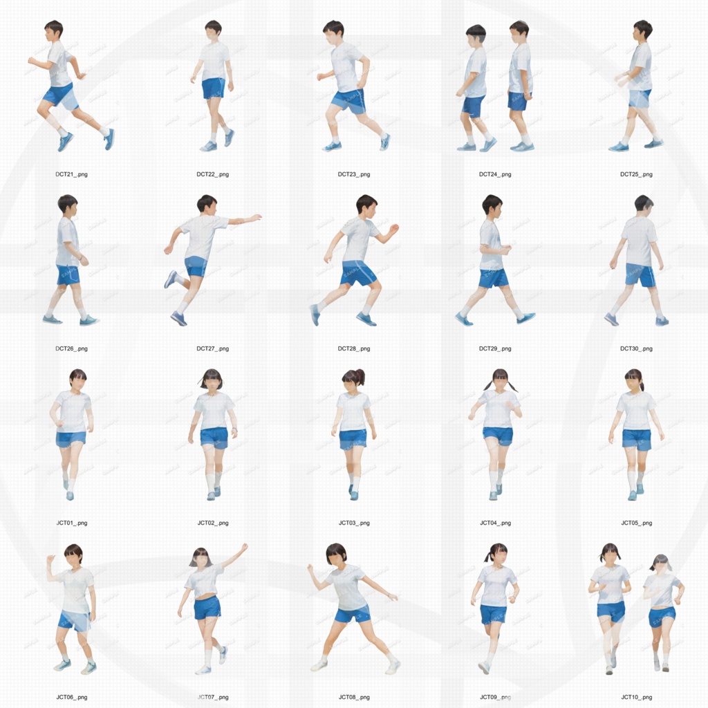 中学生体操服 建築CGパース用人物添景 イラスト素材セット 60カット