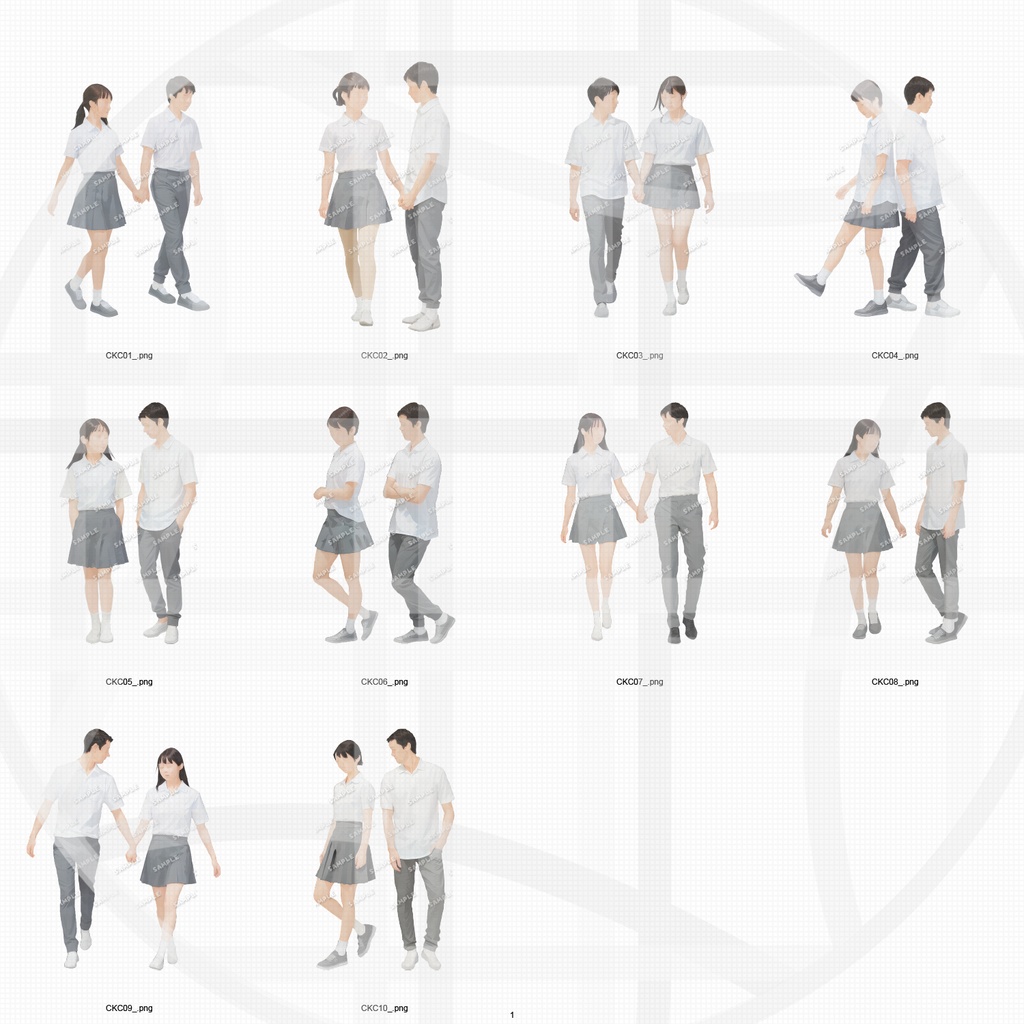中高生 制服カップル 建築CGパース用人物添景 イラスト素材セット 10カット
